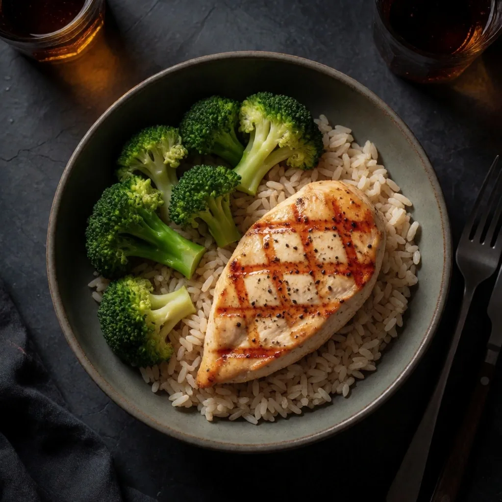Balanced meal of grilled chicken, brown rice and vegetables