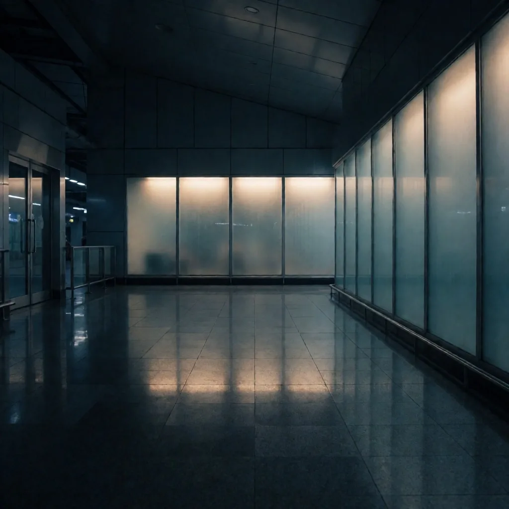 Atmospheric nocturnal concourse with soft amber signage glow