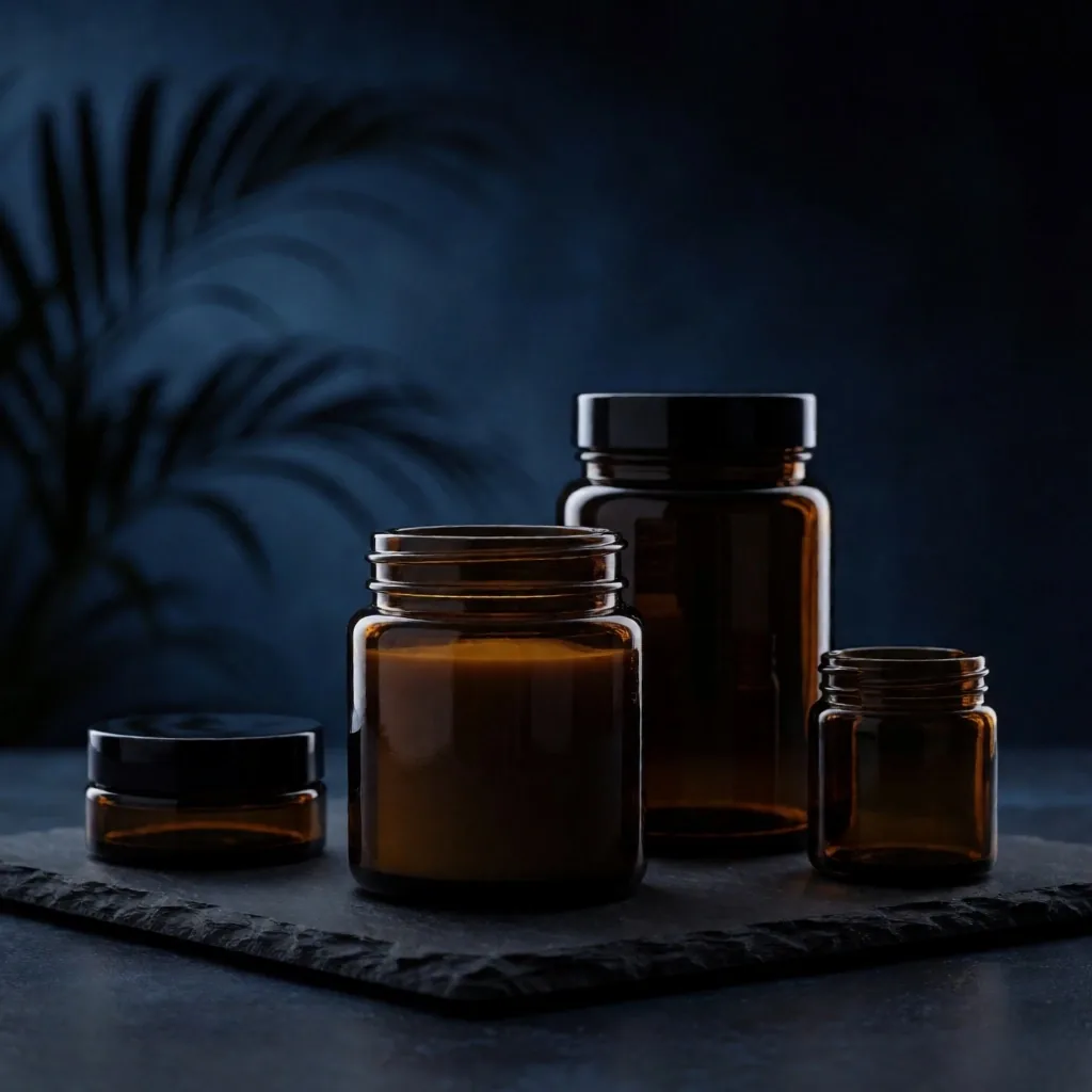 Premium supplement glass jars in low-key nocturnal lighting