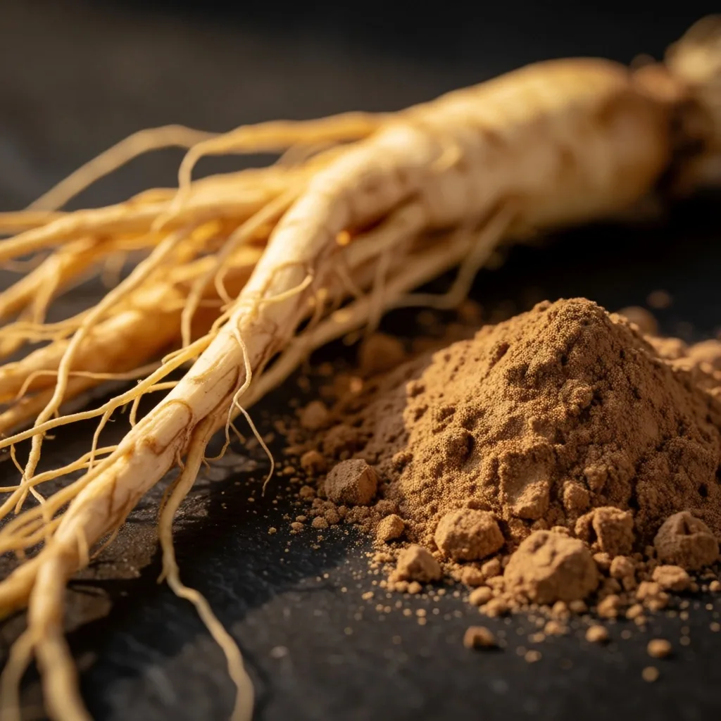 Ginseng and maca root on dark stone surface
