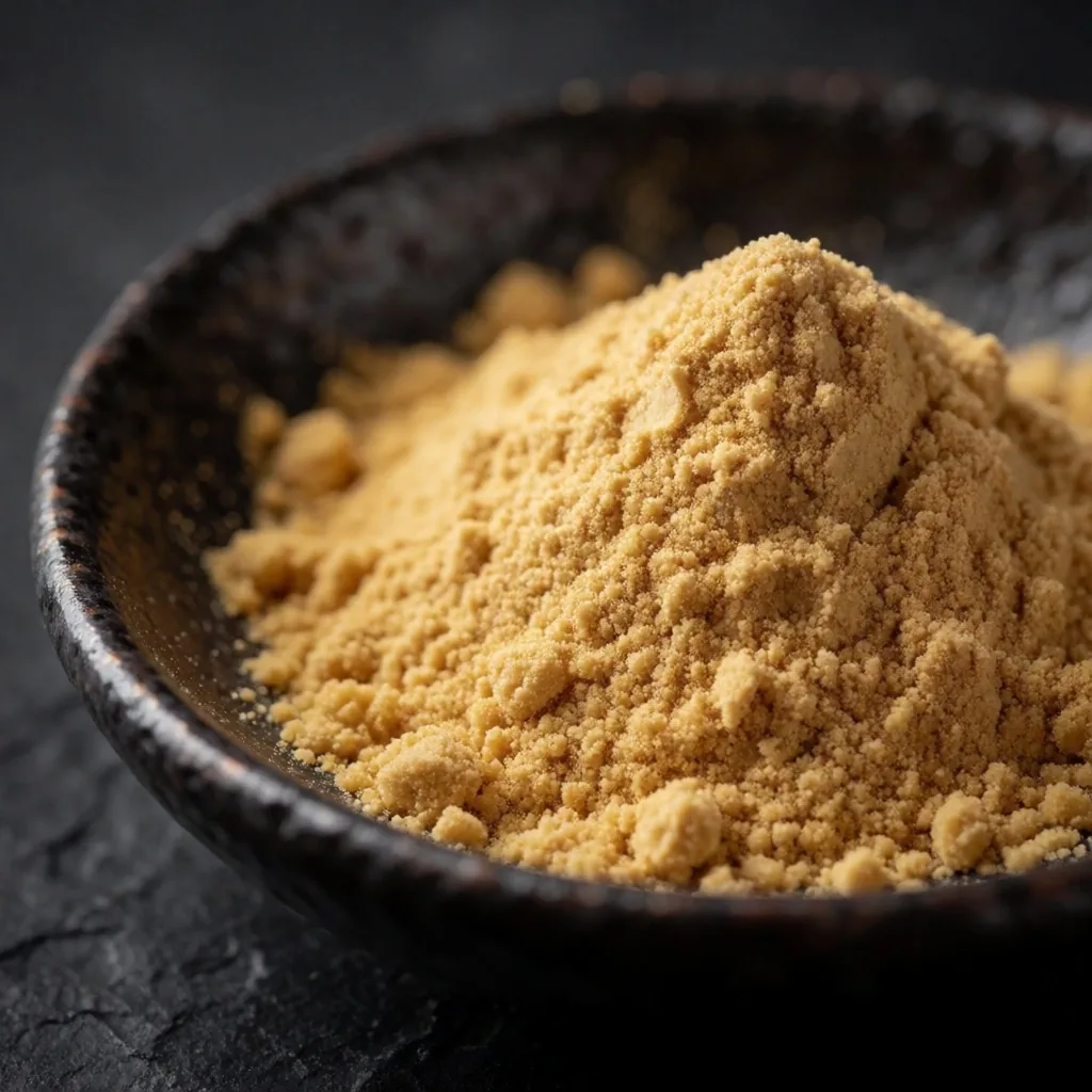 Maca root powder in a dark bowl